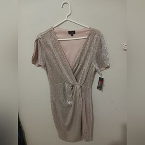 Sequin Knot-Front Wrap Dress in Blush